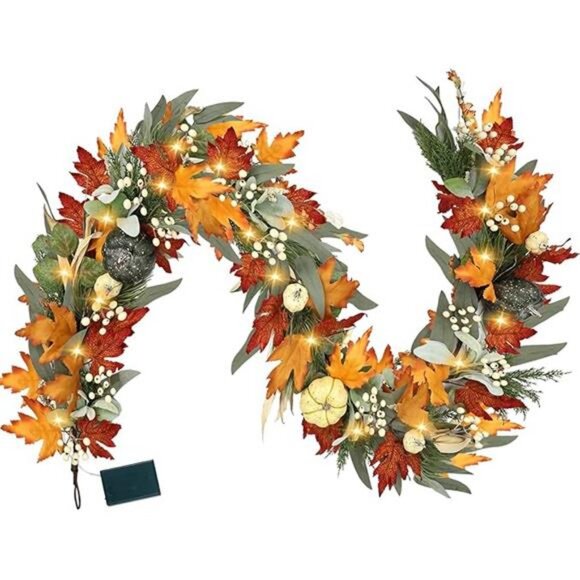 Realistic Fall Garland for Mantle 6 Ft Fall Maple Leaves Garlands with Lights - Picture 7 of 7